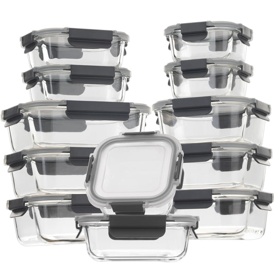 24 Pieces Glass Food Storage Containers with Lids,Glass Meal Prep Containers Set with Locking Lids,Airtight Glass Lunch Container for Kitchen,BPA Free(12 Lids & 12 Containers)